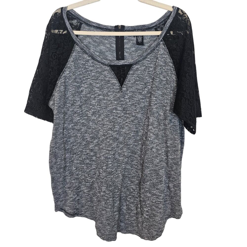 Torrid Top Lace Top Plus Size Top Short Sleeve Blouse Lace Blouse 1X Gray Black